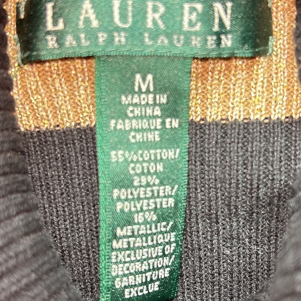 Lauren Ralph Lauren Sweater Women's Medium Black & Metallic Gold Striped Ribbed - Picture 5 of 6